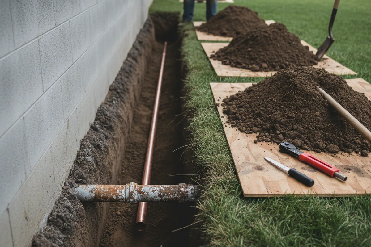 Excavated water line trench during Sewer Line Repair in East Boston